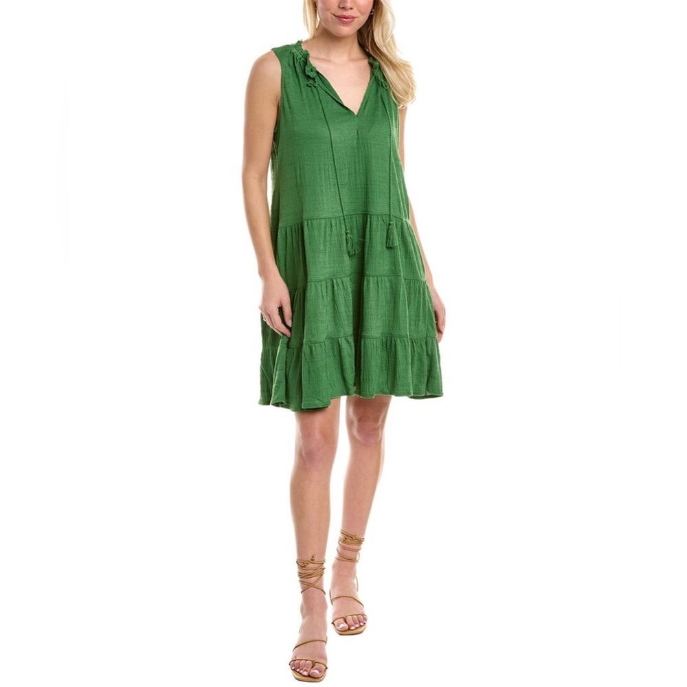 NEW Max Studio Green Sleeveless Tiered Mini Sun Dress XL Tassels Boho Cottage